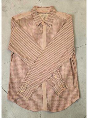 Guess Mens Plaid Long Sleeve Button-Up Shirt M Beige & Red Cotton